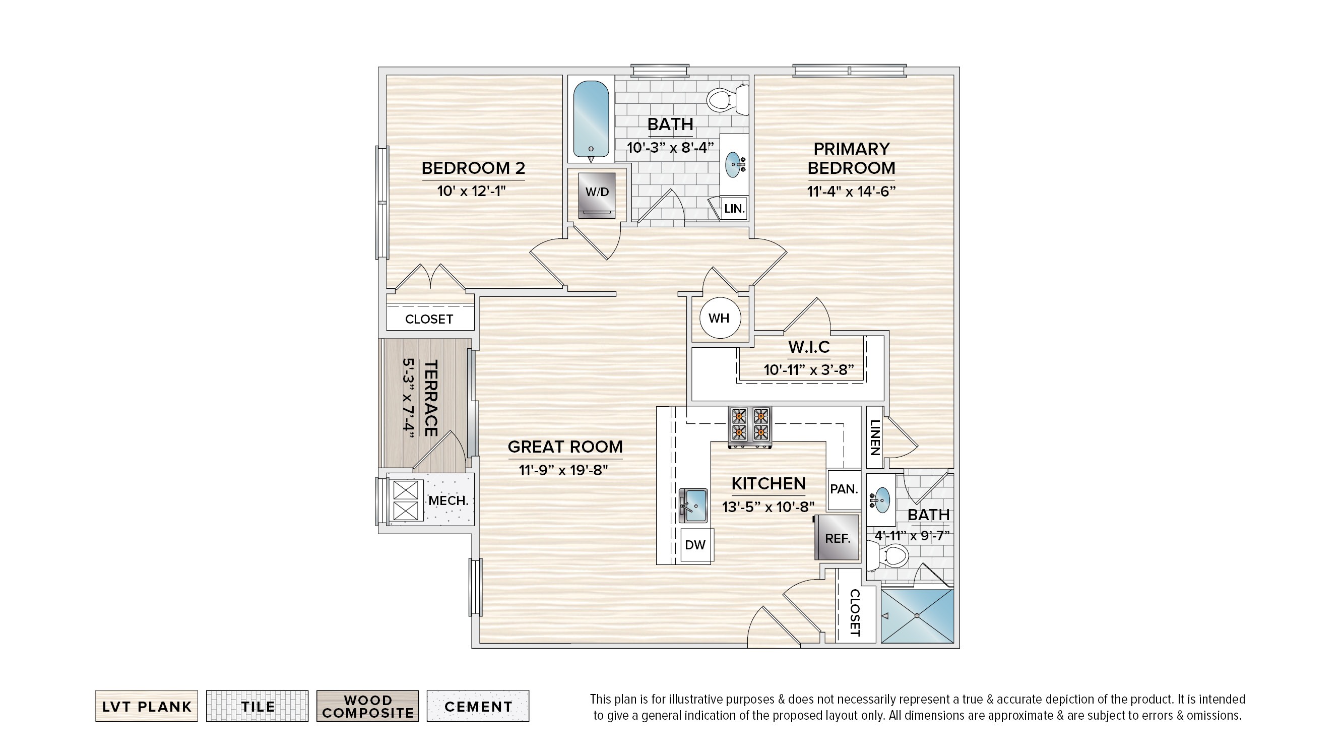 The Evanston garden apartment floor plan with 2 bedrooms, 2 baths and a terrace,,,,,,,,,,